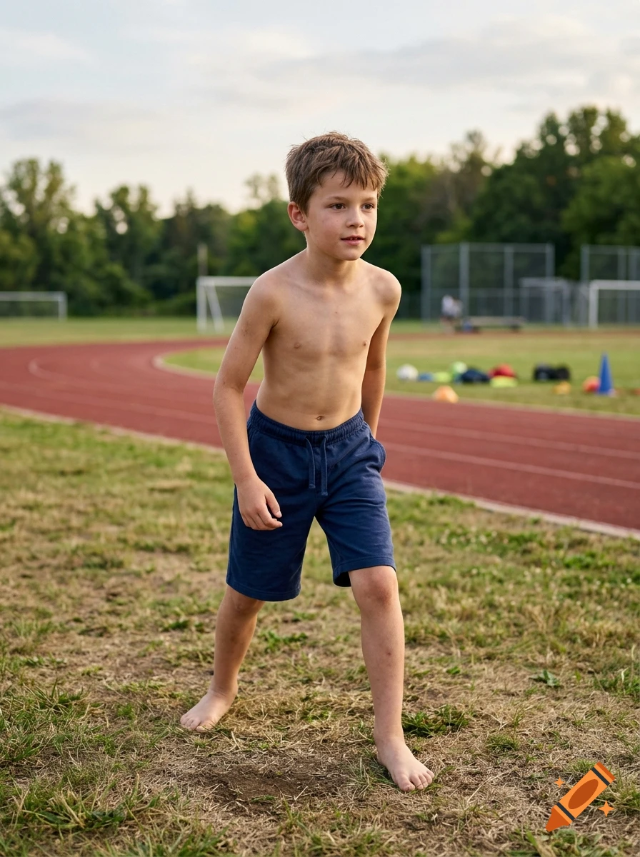Photorealistic image of a young shirtless boy standing in a dynamic pose on a running track field.