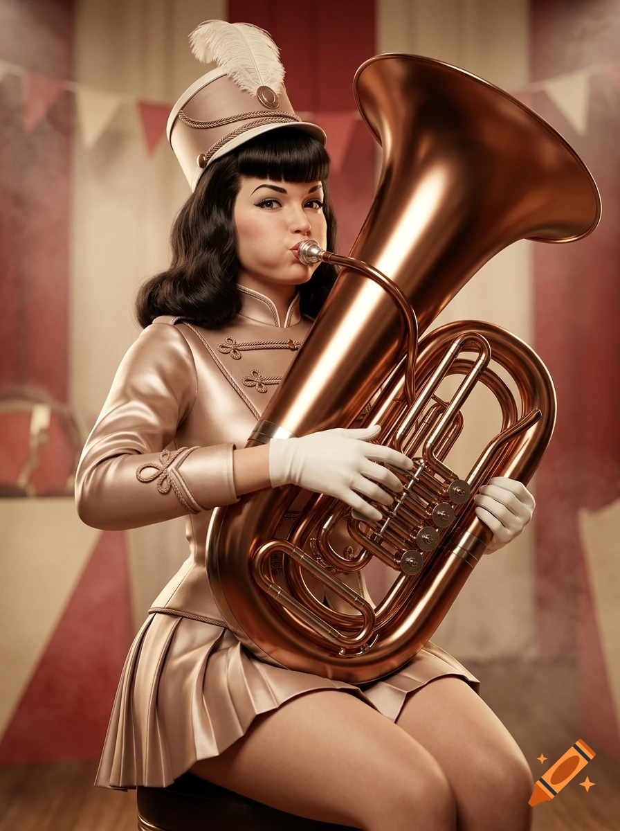 A photorealistic 1950s pin-up model with dark hair and bangs wearing a satin majorette uniform, puffing her cheeks while playing a large bronze tuba.