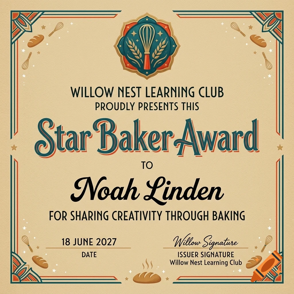 An award certificate featuring a vintage design with a central emblem containing a whisk and wheat, decorated with bread illustrations and text reading Star Baker Award.