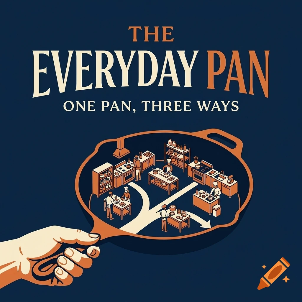 An illustration of a hand holding a pan containing miniature kitchen scenes, with the text 'THE EVERYDAY PAN' and 'ONE PAN, THREE WAYS'.