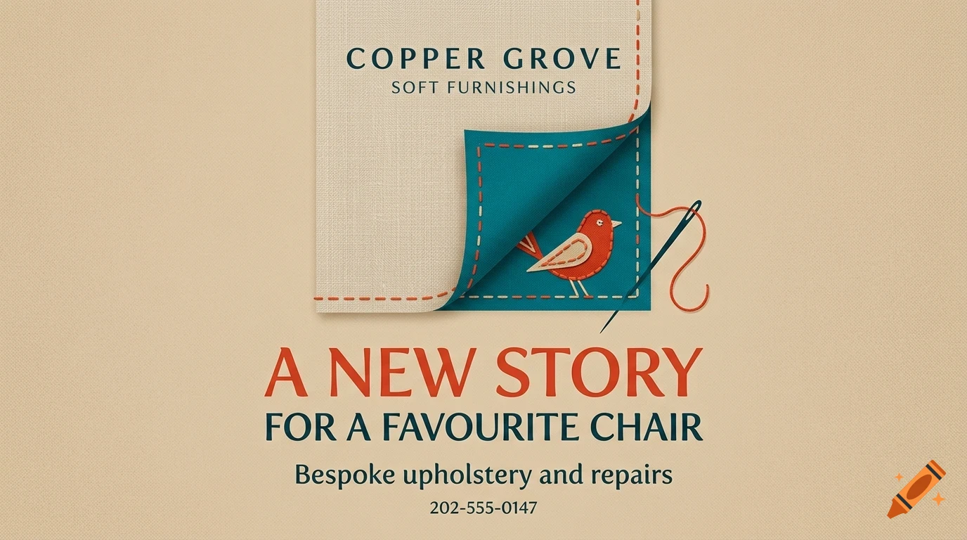 An advertisement for Copper Grove Soft Furnishings featuring a folded fabric graphic with a stitched bird and needle, alongside promotional text.