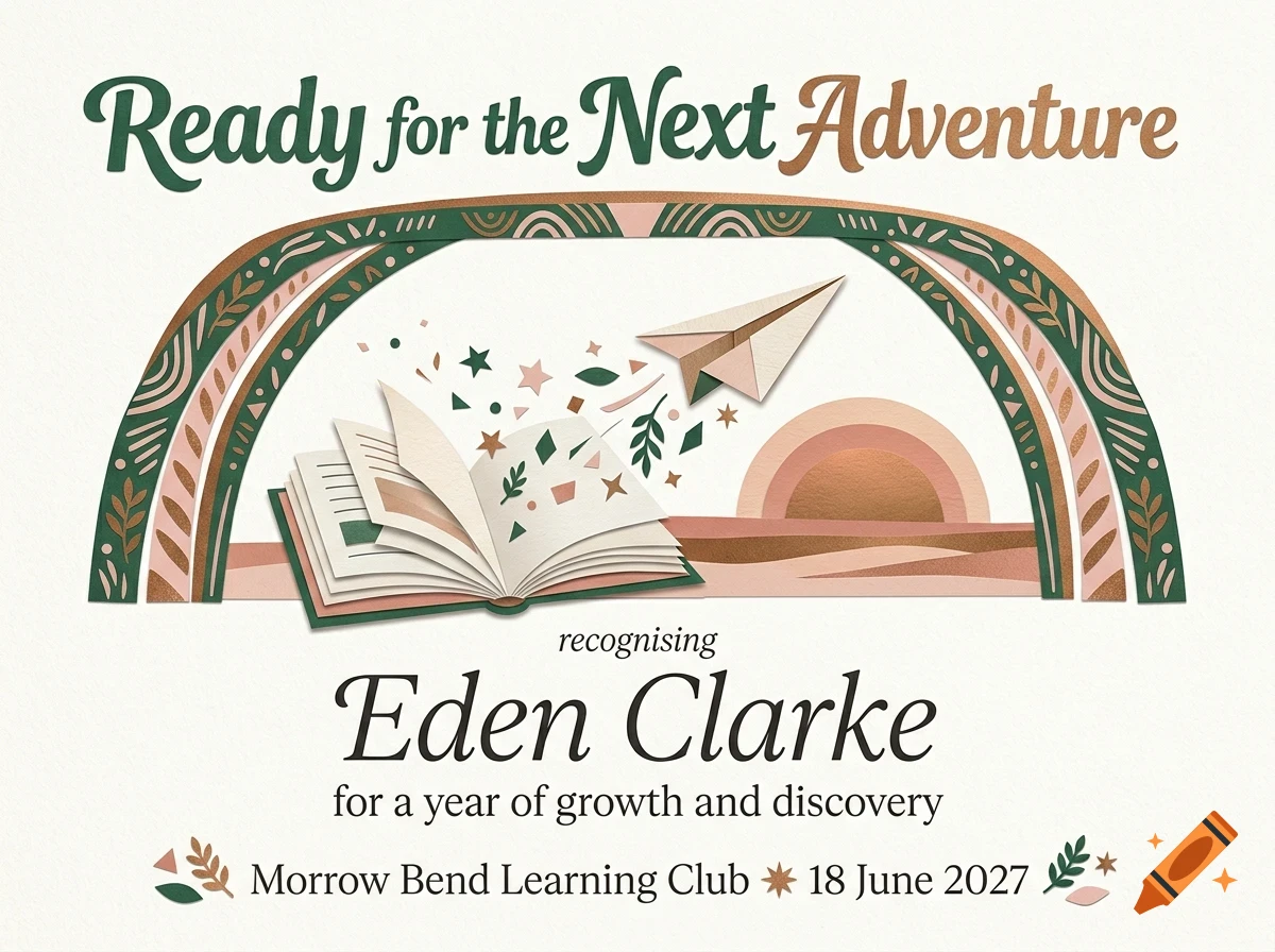 An illustration with the text Ready for the Next Adventure, featuring an open book, a paper airplane, and decorative arches in earth tones.