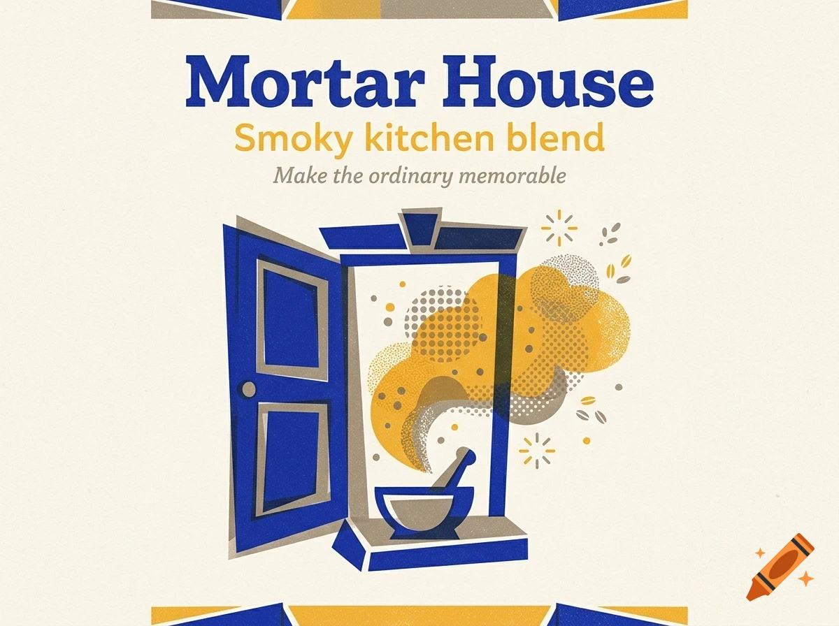 An illustrated poster for Mortar House featuring a blue open door, a mortar and pestle, and yellow and grey smoke clouds, with the text 'Mortar House Smoky kitchen blend Make the ordinary memorable'.