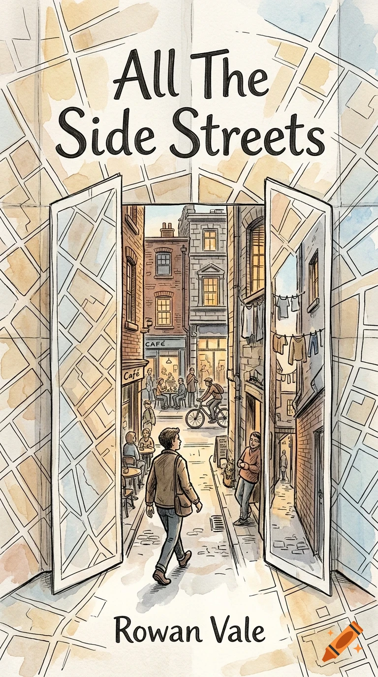 An illustrated book cover showing a person walking down a city street visible through open doors, with watercolor and ink style.