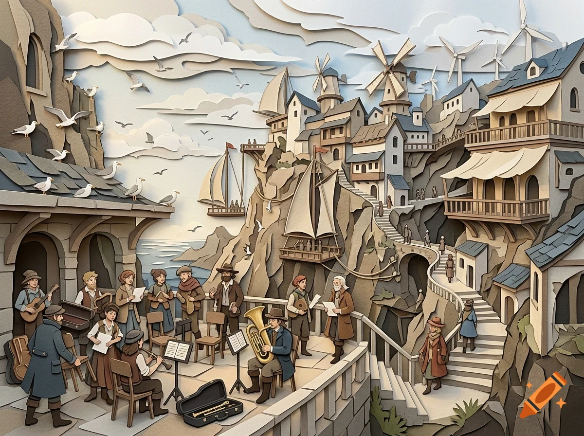 A multi-layered papercut artwork depicting a coastal town with musicians performing on a terrace, sailboats on the water, windmills, and seagulls.