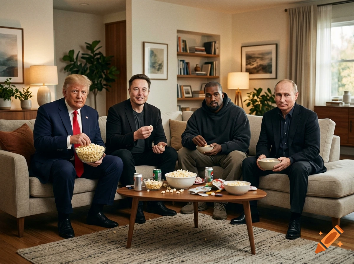 Photorealistic image of Donald Trump, Elon Musk, Kanye West, and Vladimir Putin sitting on a couch eating popcorn.