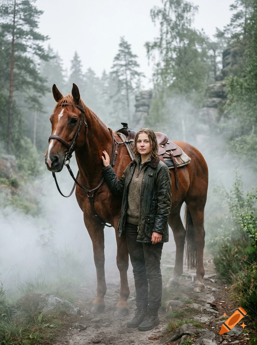 Photorealistic image of a young woman standing next to a brown horse in a misty forest.