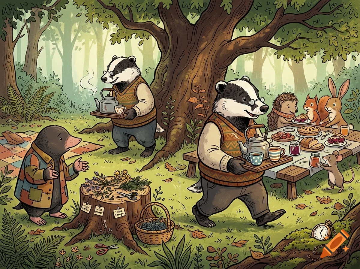 An illustrated scene in a forest showing anthropomorphic badgers serving tea and food to woodland animals like a mole, hedgehog, squirrel, rabbit, and mouse.