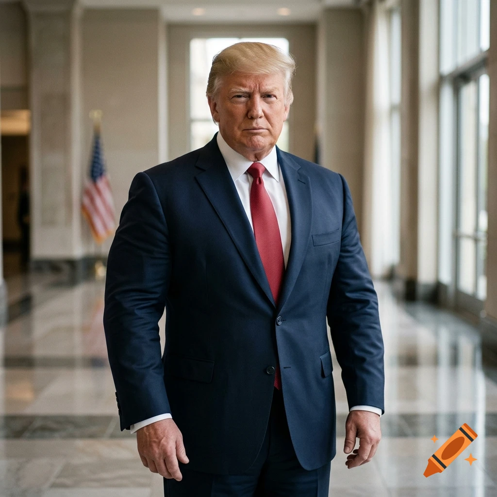 Photorealistic portrait of a muscular Donald Trump in a suit standing in a hallway.
