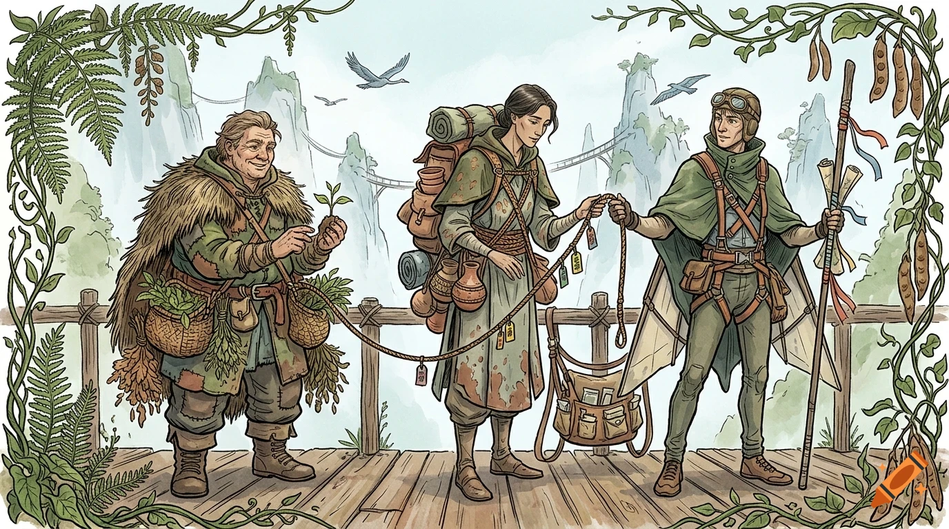 An illustrated fantasy scene showing three travelers holding a rope on a wooden balcony overlooking misty mountains.
