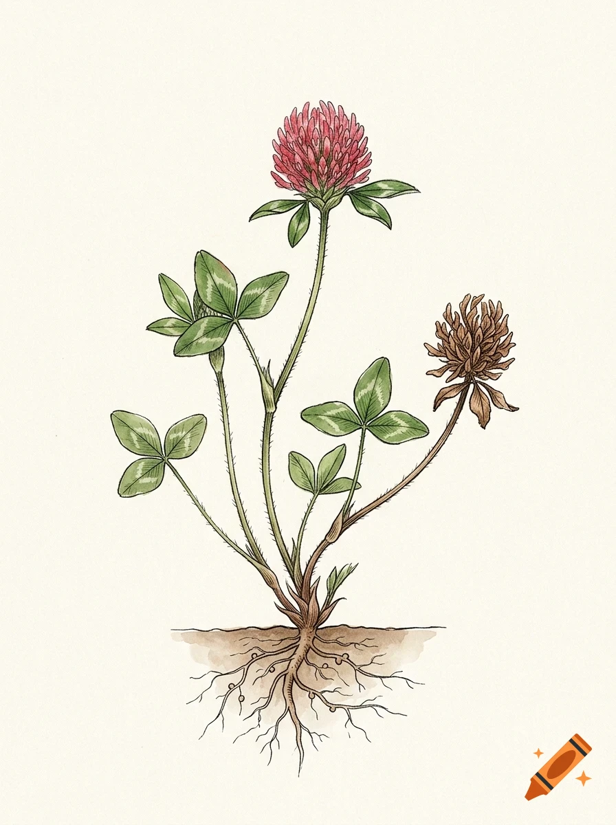 Botanical illustration of a red clover plant showing its roots, leaves, pink flower head, and a withered flower.