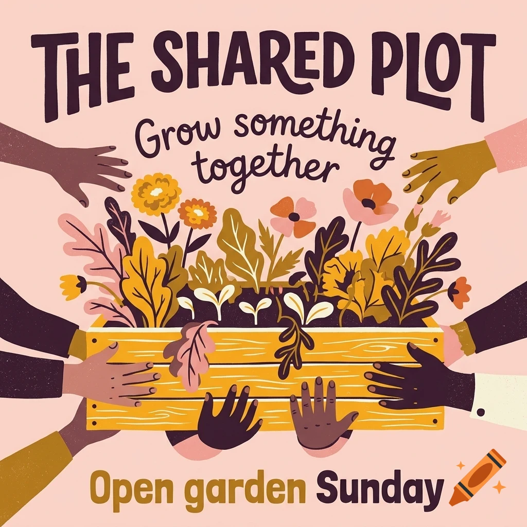An illustrated poster with the text 'The Shared Plot', showing multiple hands holding a planter box filled with flowers and foliage.