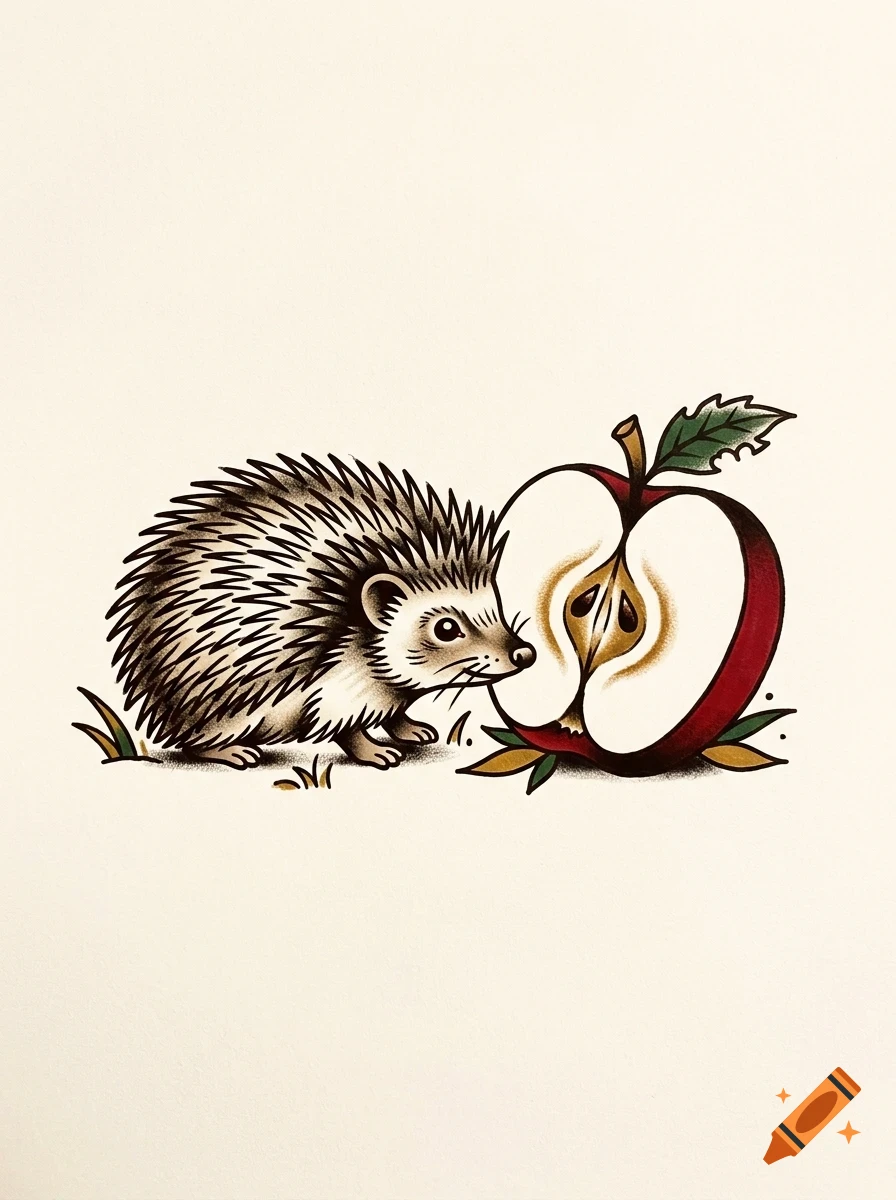 An illustration of a small hedgehog next to a sliced apple.