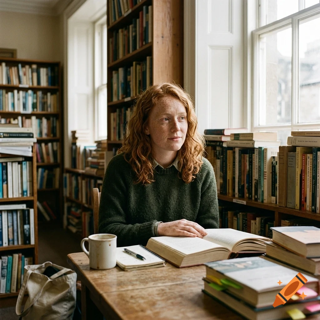 A red-haired woman sitting at a desk surrounded by bookshelves, reading a book.