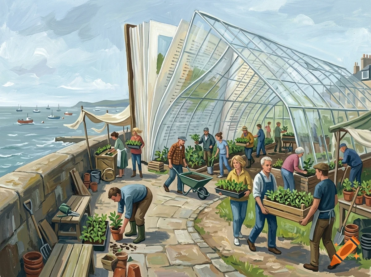 An illustration of people gardening in and around a large greenhouse shaped like an open book near the ocean.