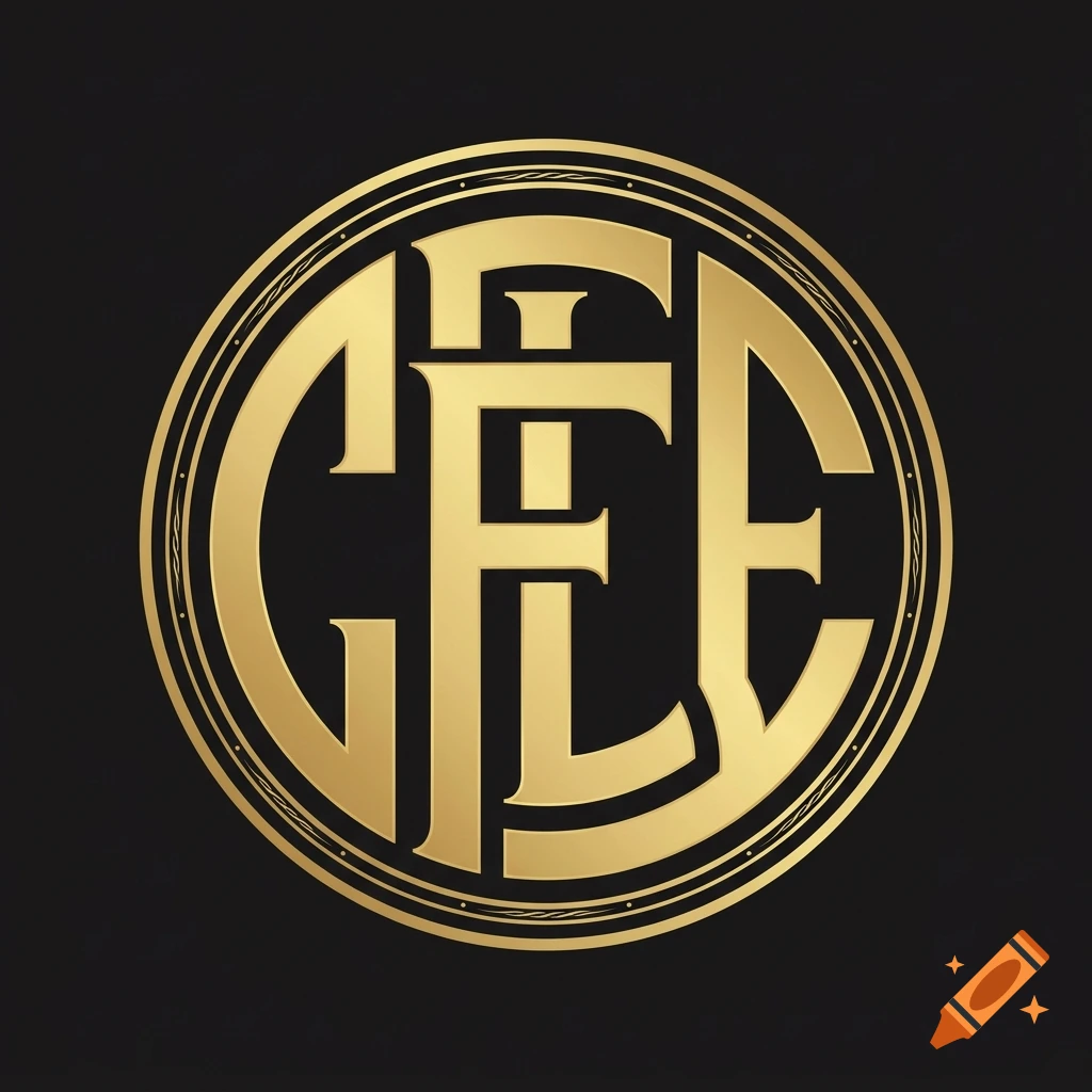 Gold circular monogram logo with letters C, F, and E intertwined on a dark background