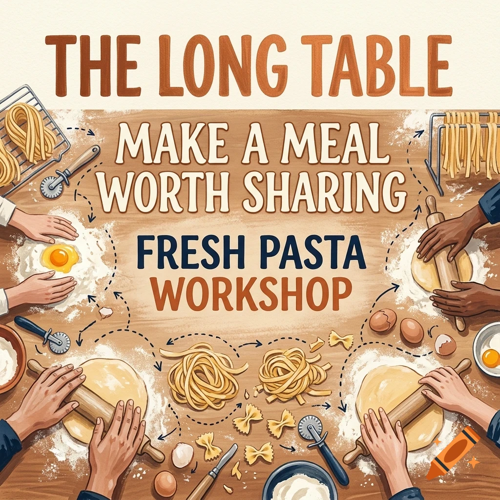 An illustrated top-down workshop poster for fresh pasta making, featuring hands rolling dough, eggs, flour, and tools with the text The Long Table Fresh Pasta Workshop.