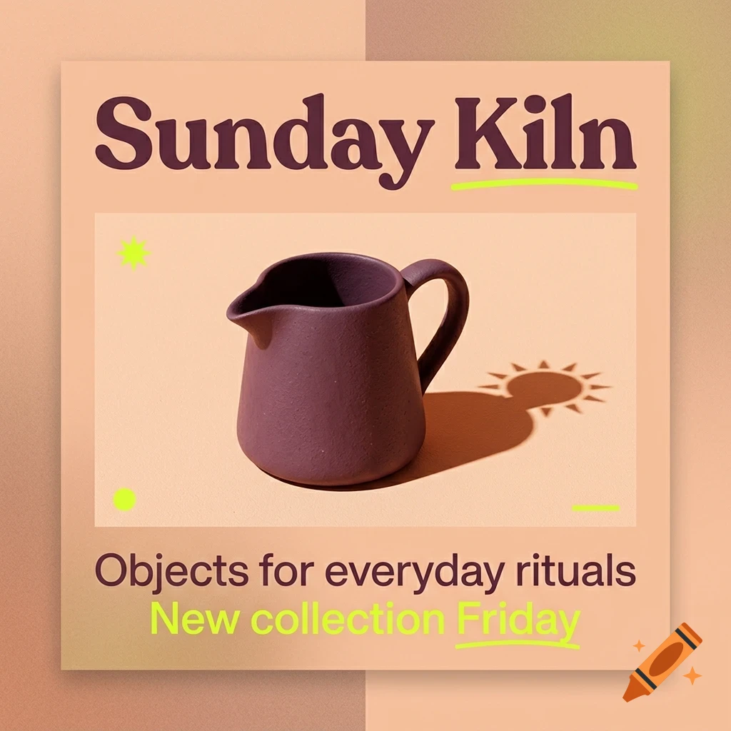 A promotional graphic for 'Sunday Kiln' featuring a purple ceramic pitcher and the text 'Objects for everyday rituals | New collection Friday'.