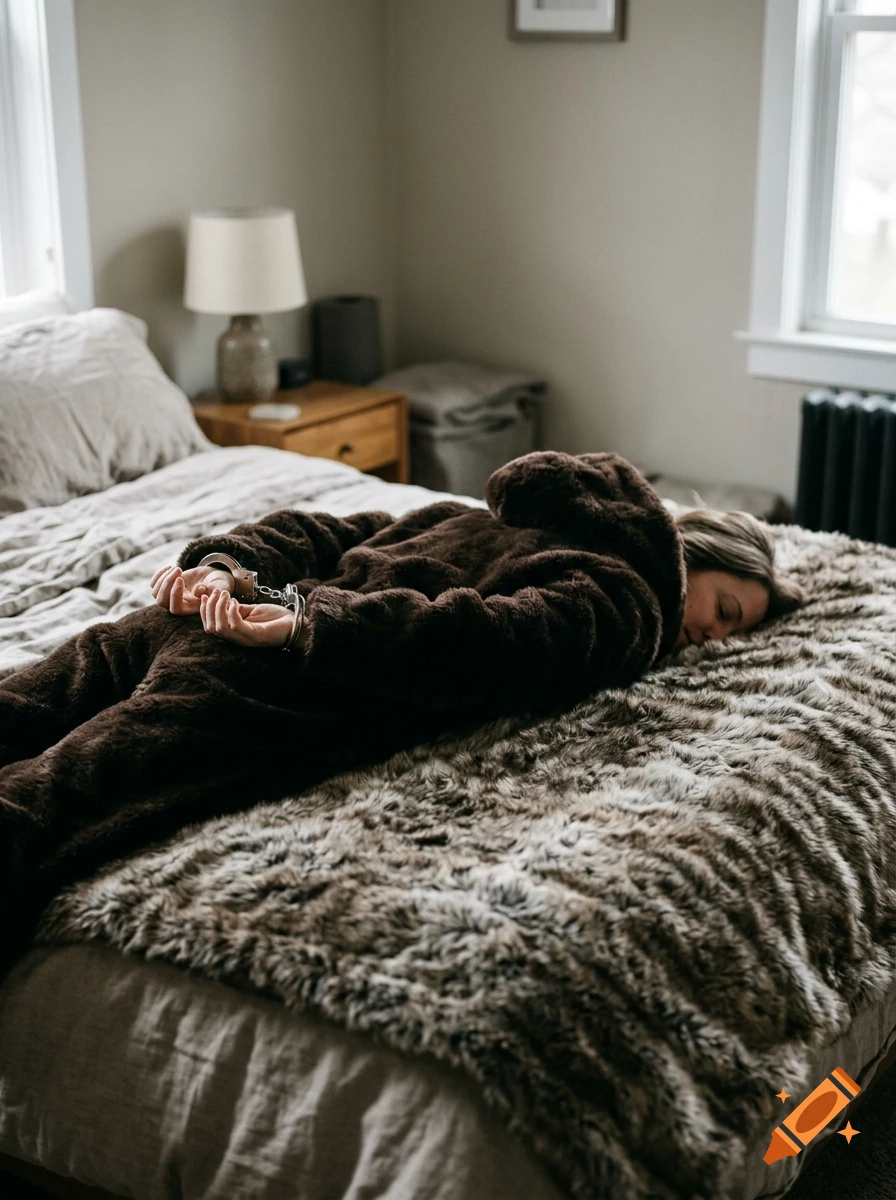 A person wearing a brown furry jumpsuit with hands cuffed behind their back, lying facedown on a bed with a furry blanket.