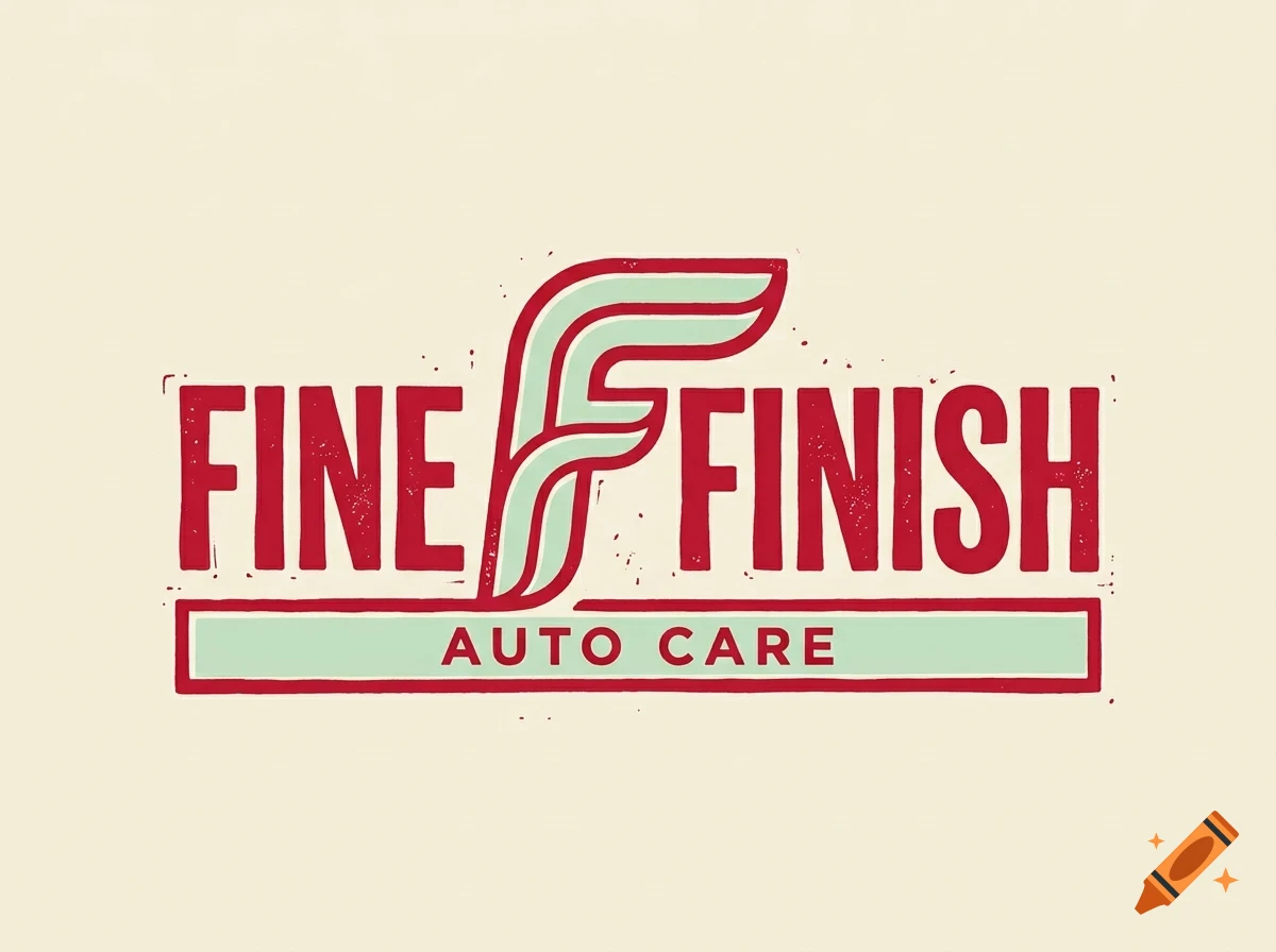 Vintage style logo featuring the text FINE FINISH AUTO CARE in red and light green with a stylized letter F.