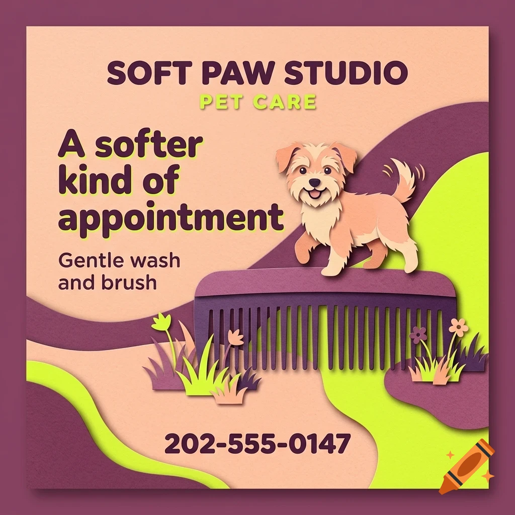 An advertisement for Soft Paw Studio Pet Care featuring a cute cartoon dog standing on a large comb, surrounded by text and abstract paper-cut shapes in peach, purple, and green.