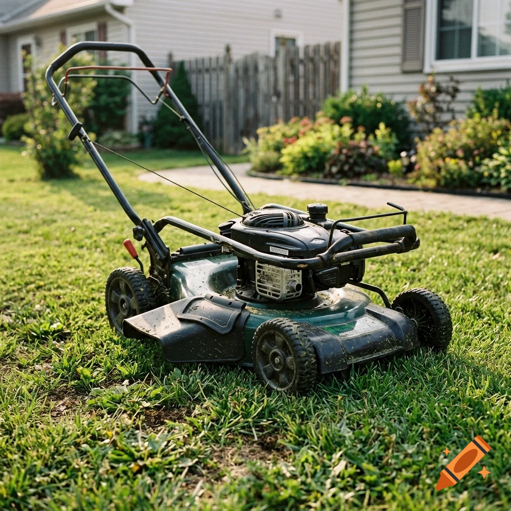Photorealistic image of a lawnmower sitting on a green lawn in front of a suburban house.