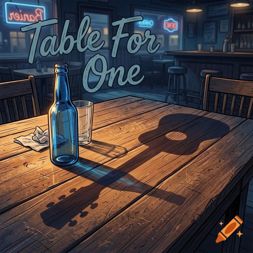An illustration of a blue bottle, a glass, and a crumpled napkin on a wooden table inside a dimly lit bar, with the shadow of a guitar cast across the table and the text 'Table For One' overlaid.