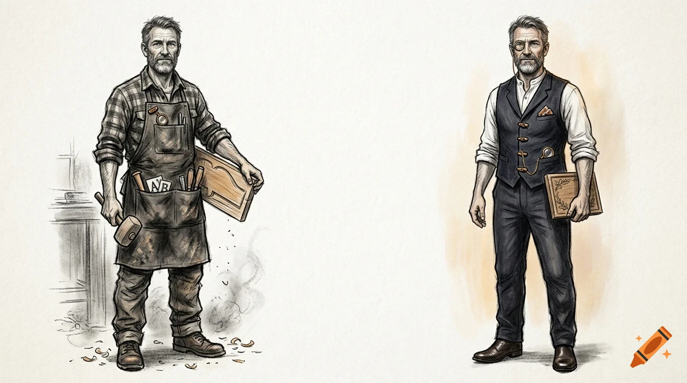 Illustration of a bearded man shown twice: once as a carpenter in a leather apron holding a mallet and wood, and once in a vest and trousers holding a framed picture.