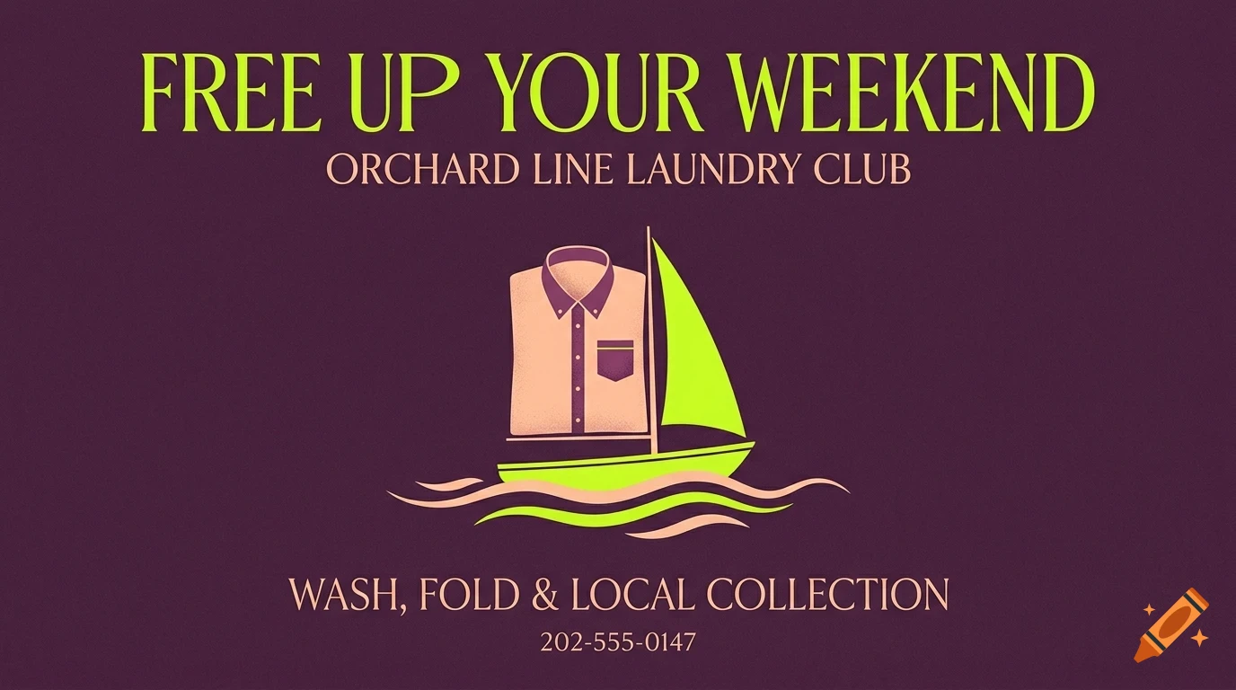 An advertisement for Orchard Line Laundry Club featuring a shirt shaped like a sailboat on purple background with text.