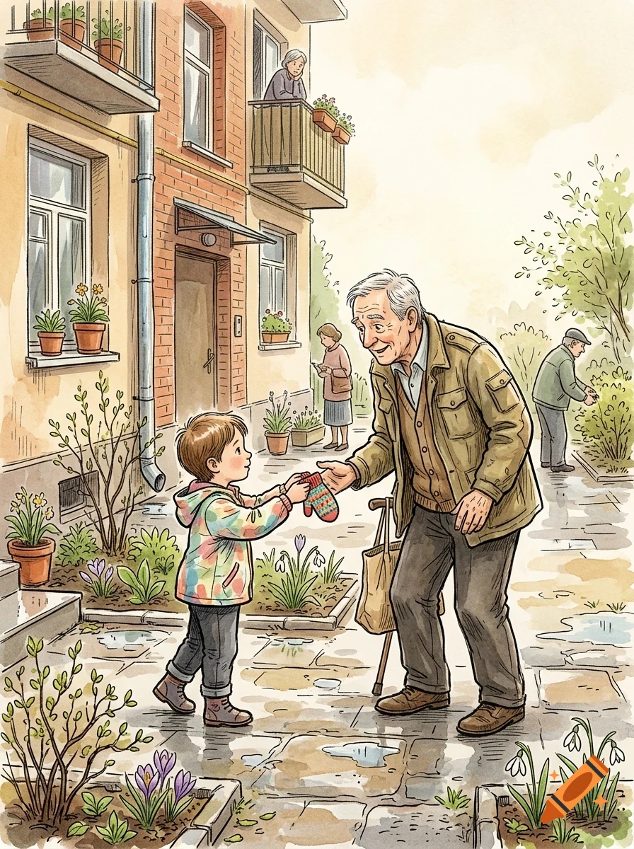 An elderly man leaning on a cane receives a mitten from a young child outside an apartment building.