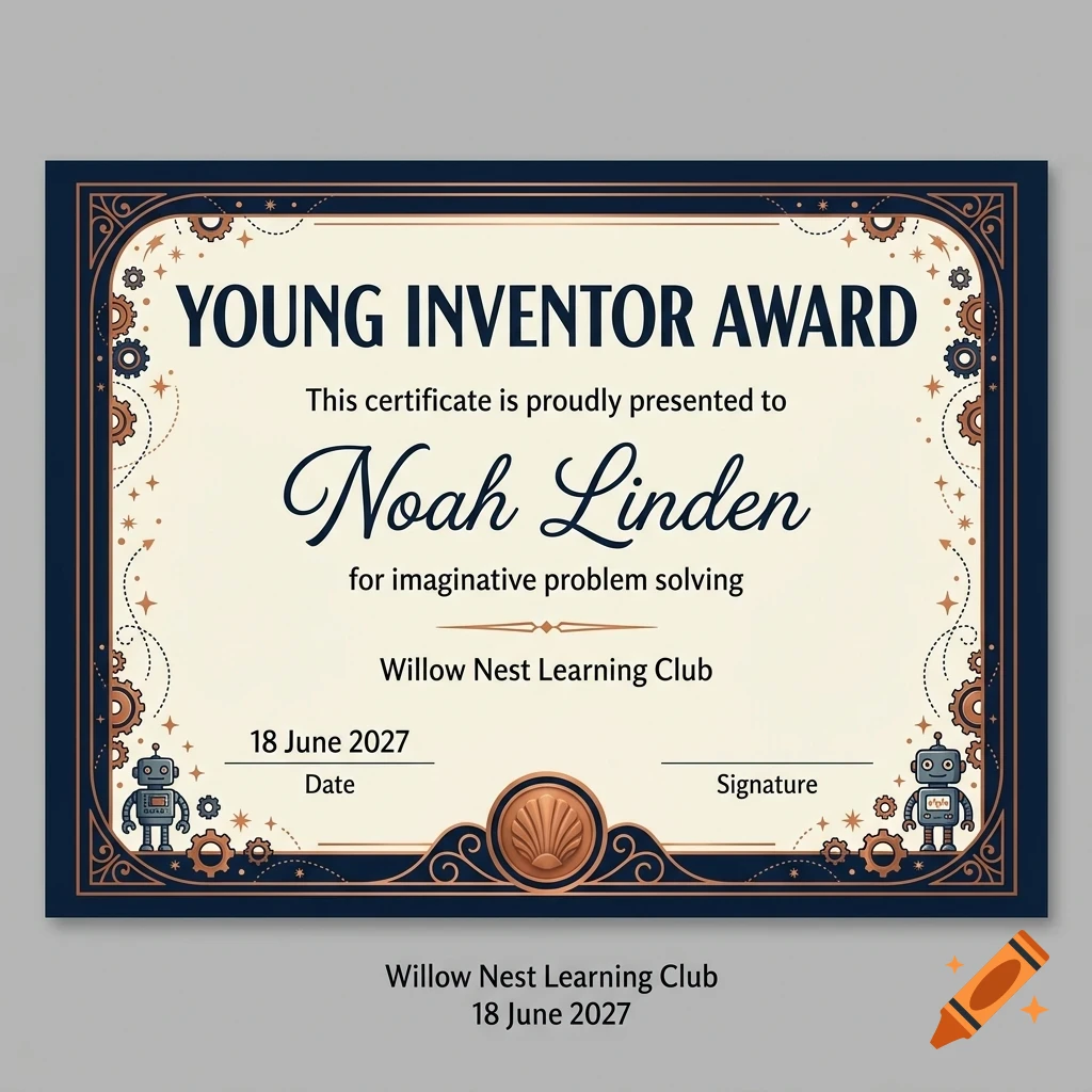 Young Inventor Award certificate with vintage robot and gear illustrations, dark blue and bronze border.