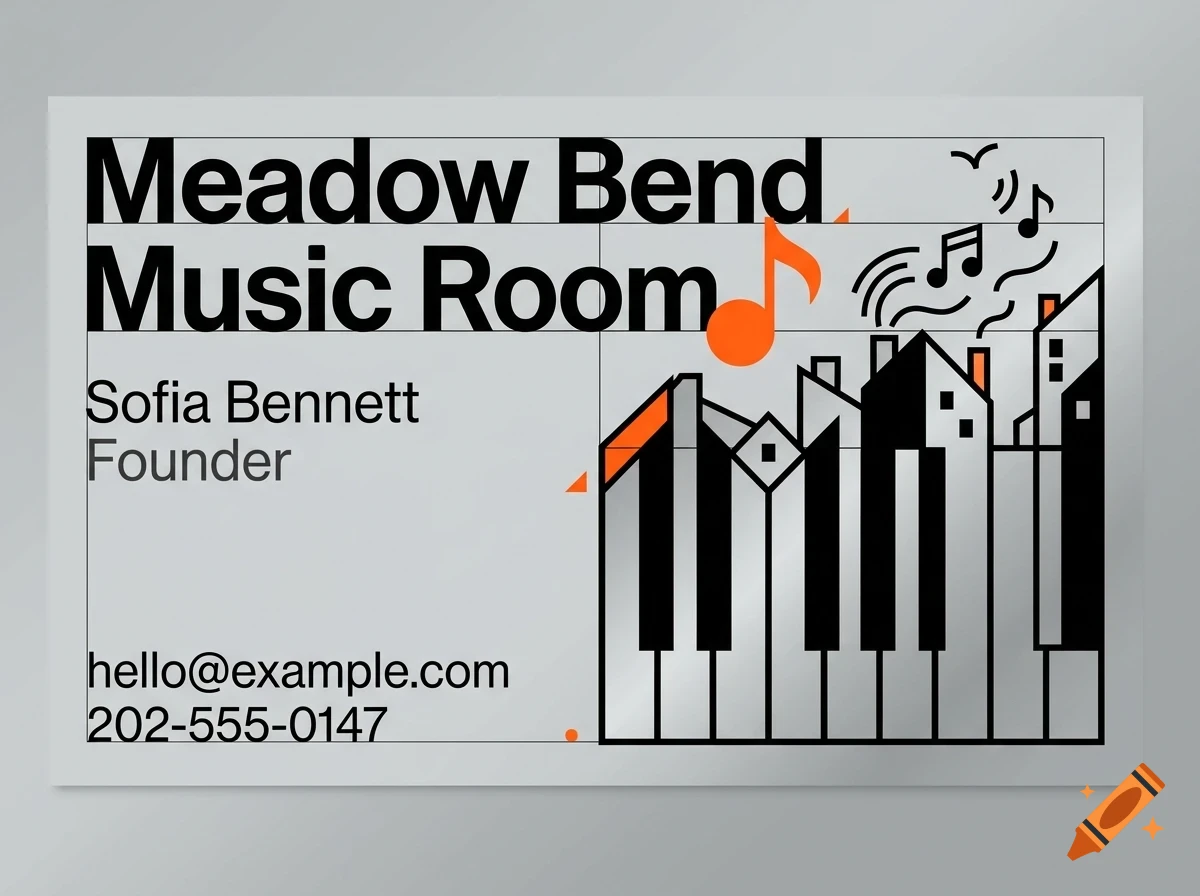 A business card featuring the text Meadow Bend Music Room, Sofia Bennett Founder, and contact details alongside a graphic illustration of piano keys merging into city rooftops with musical notes.