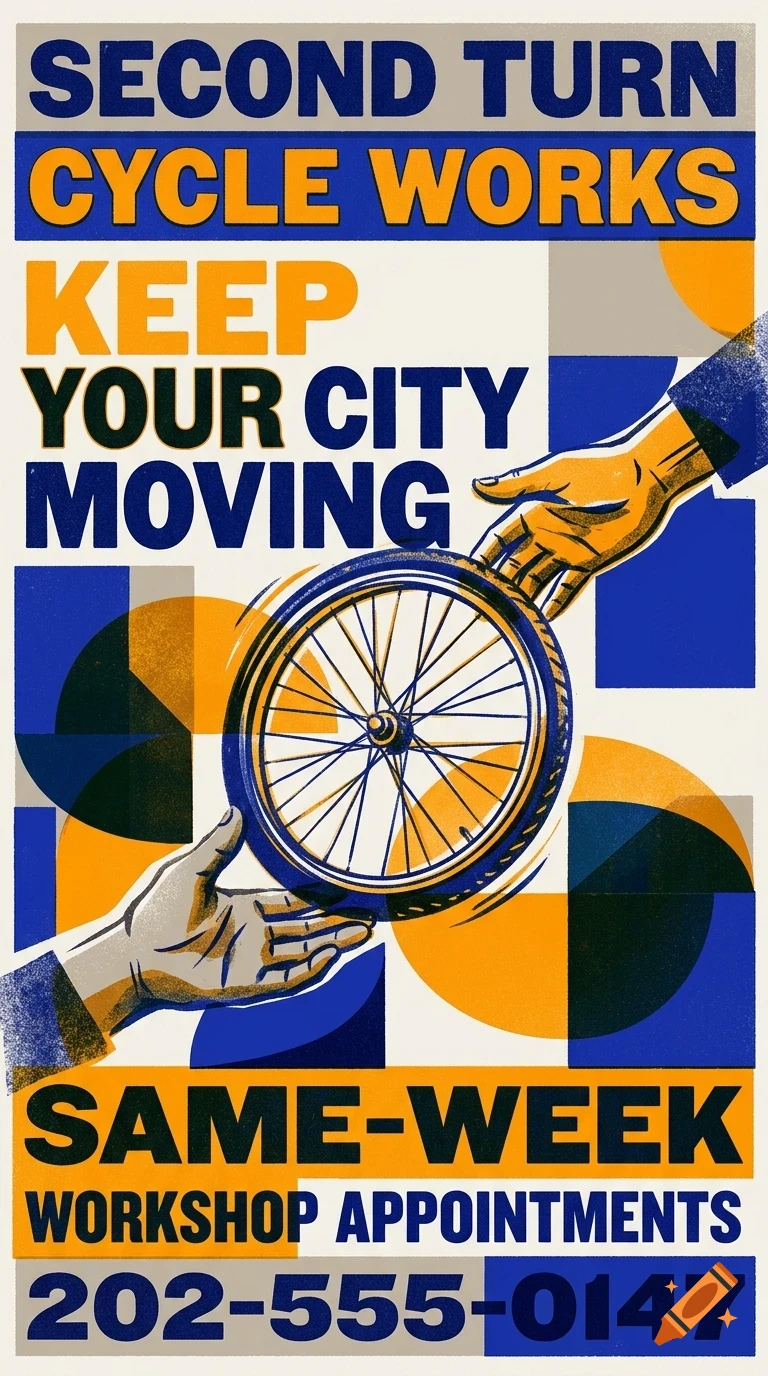 A poster with blue and orange text and geometric shapes depicting two hands holding a bicycle wheel.