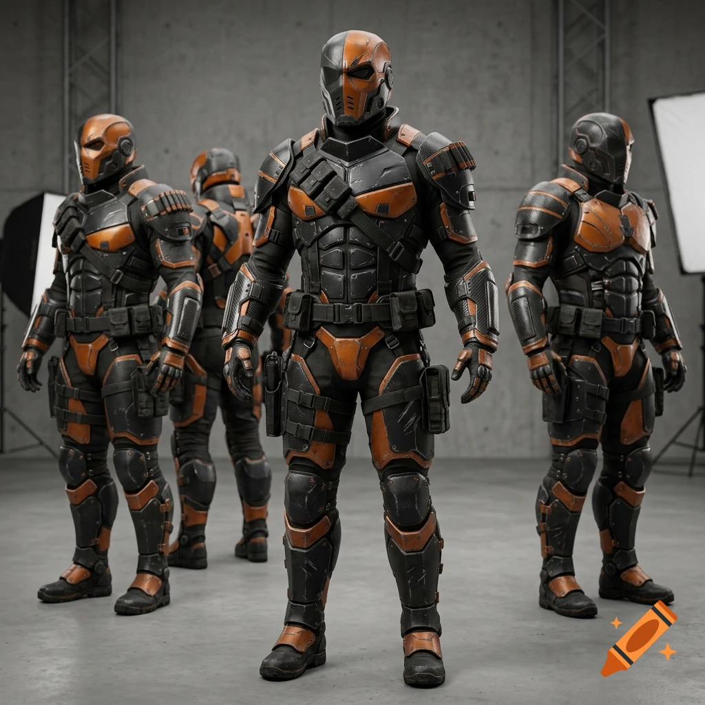 Photorealistic image of four characters in Deathstroke-style black and orange tactical armor standing in a studio.