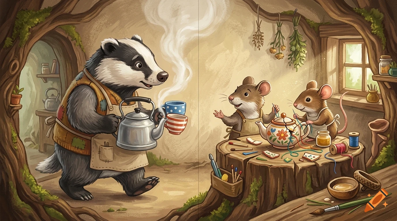 An anthropomorphic badger in an apron holds a steaming kettle and cups, walking towards two mice who are repairing a teapot inside a cozy tree hollow home.