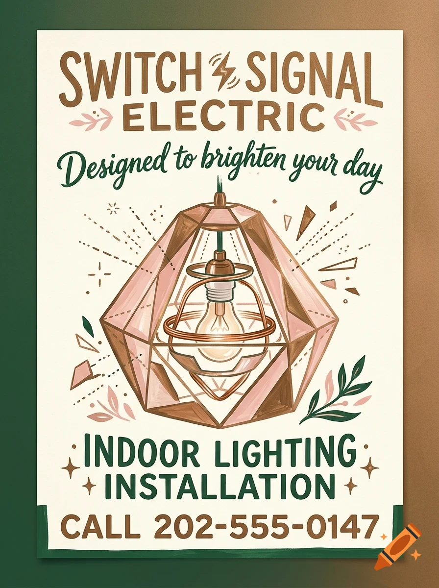 An illustrated poster advertising Switch & Signal Electric, featuring a hanging geometric light fixture and text.