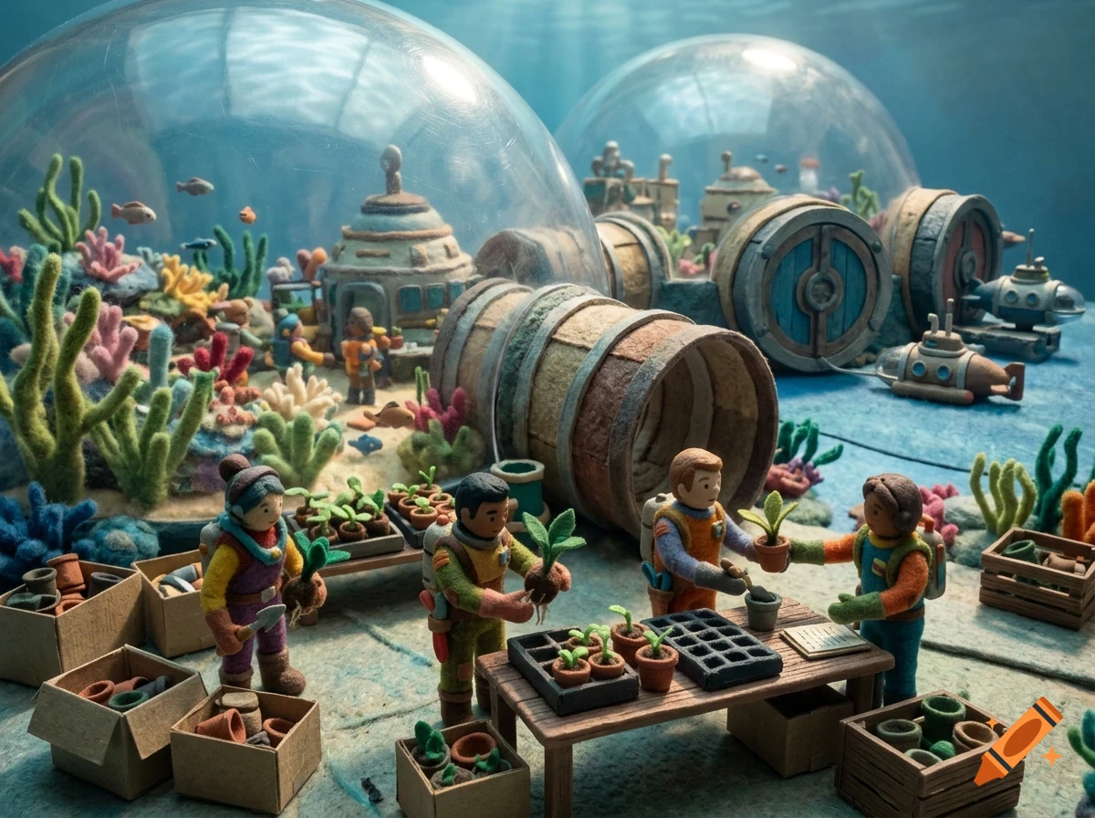 Felt-art style diorama of miniature figures farming and tending plants inside an underwater glass habitat.
