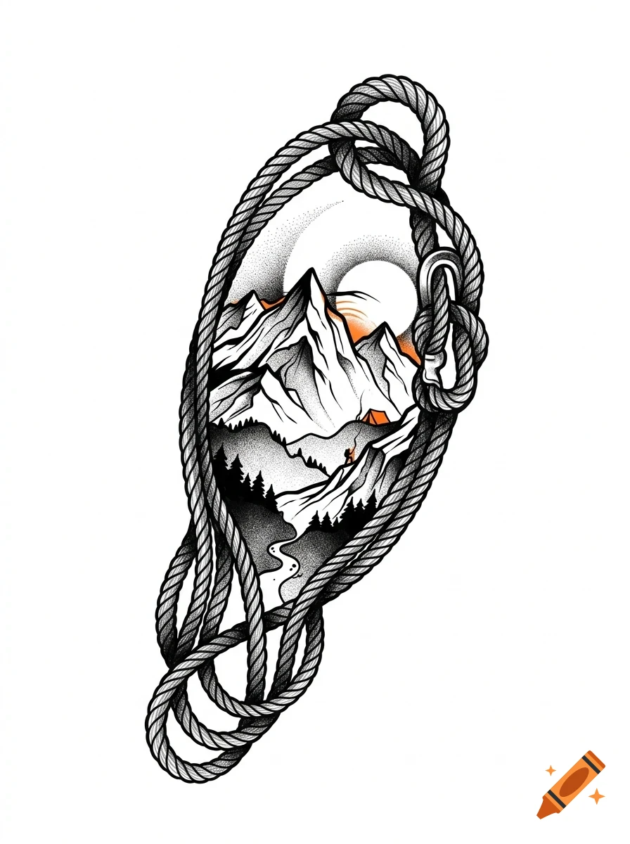 An artistic illustration featuring a mountain landscape framed by a coiled climbing rope and carabiner, with dotwork shading.
