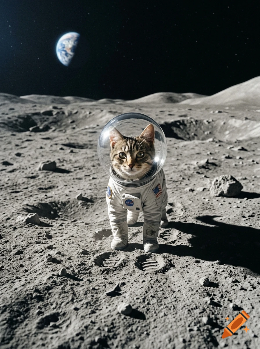 Photorealistic image of a tabby cat in a space suit standing on the moon's surface, with Earth visible in the black sky.