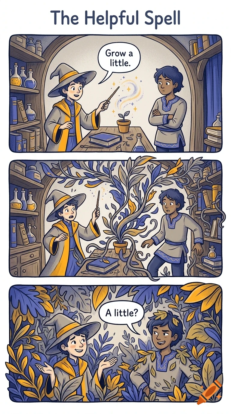 A three-panel comic strip titled The Helpful Spell showing a young wizard casting a magic spell on a small potted plant that rapidly overgrows the room.