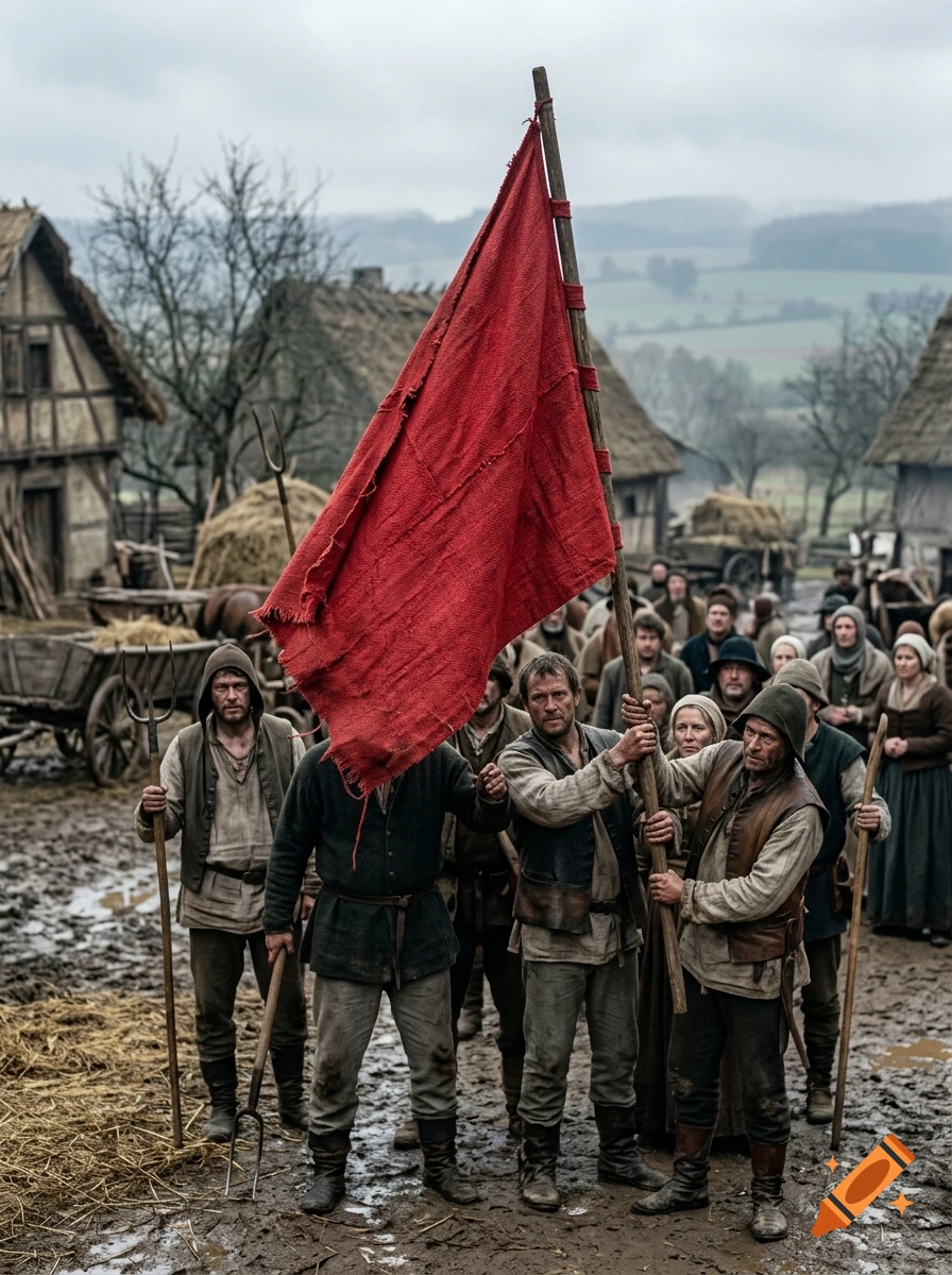 Photorealistic scene of medieval peasants holding a large red flag in a muddy village during an uprising.