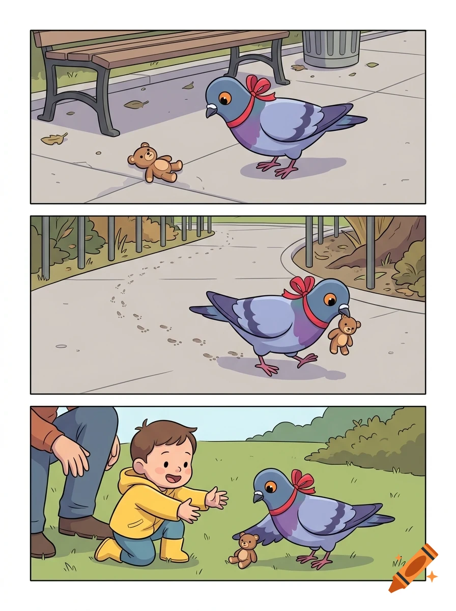 A three-panel comic illustration showing a pigeon with a red bow finding a dropped toy bear on a sidewalk, carrying it along a path, and returning it to a smiling child in a park.
