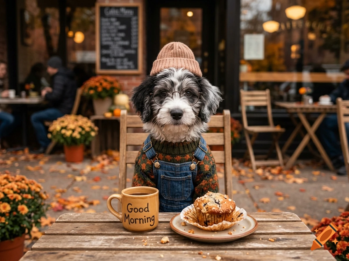 Photorealistic image of a black and white puppy wearing glasses, a knit hat, and overalls sitting at an outdoor cafe table with a coffee and muffin.