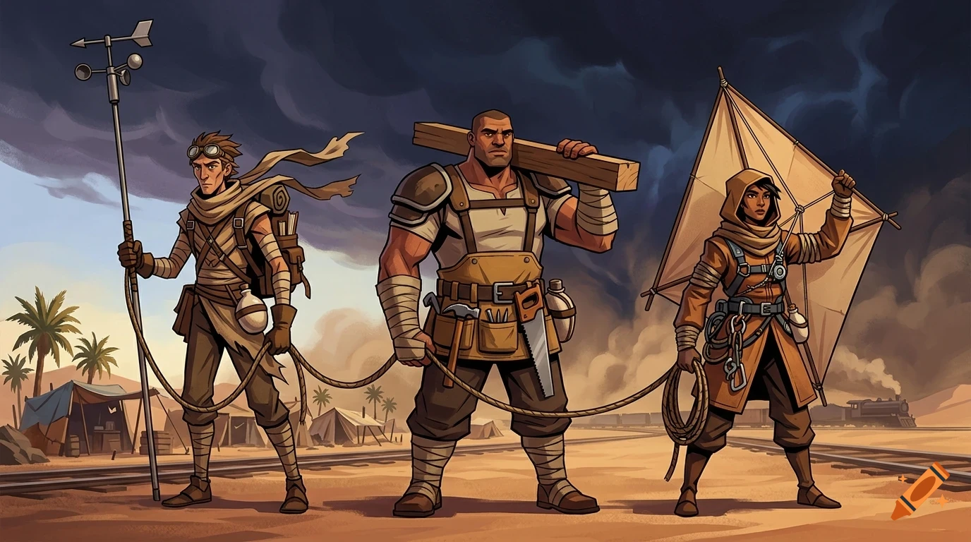 Three adventure characters in a desert landscape carrying gear and connected by a rope under a stormy sky.