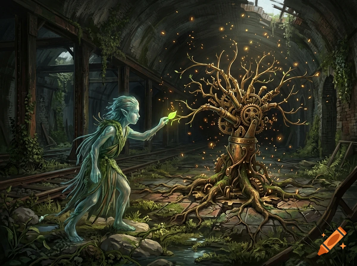 A glowing mythical creature touches a mechanical tree with glowing embers inside an abandoned underground tunnel.