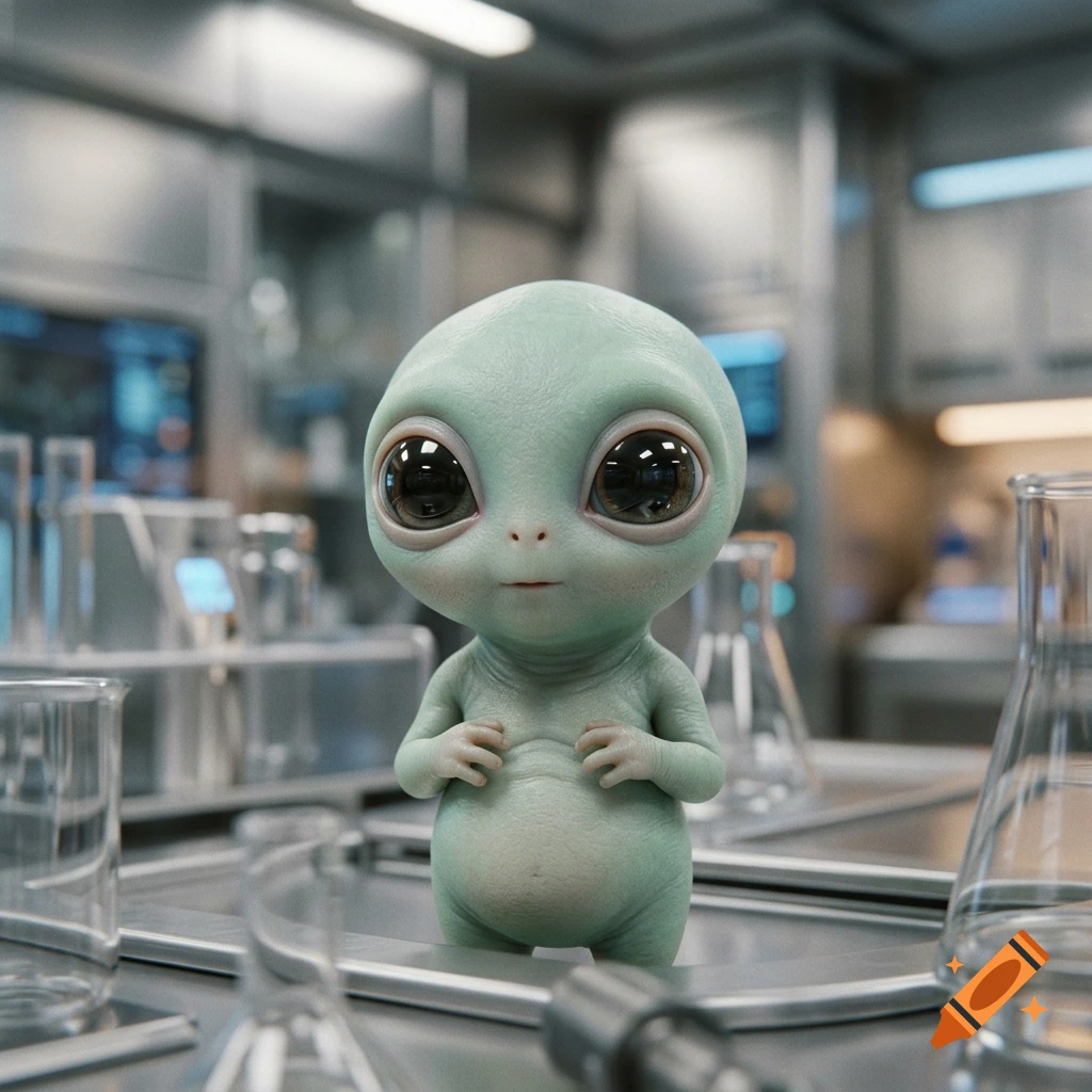 Photorealistic image of a cute, small, green alien standing in a futuristic laboratory surrounded by glassware.