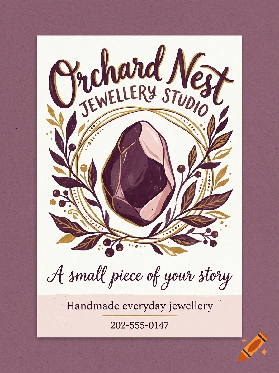 An illustrated business card featuring a purple gem surrounded by leafy branches and lettering reading Orchard Nest Jewellery Studio.