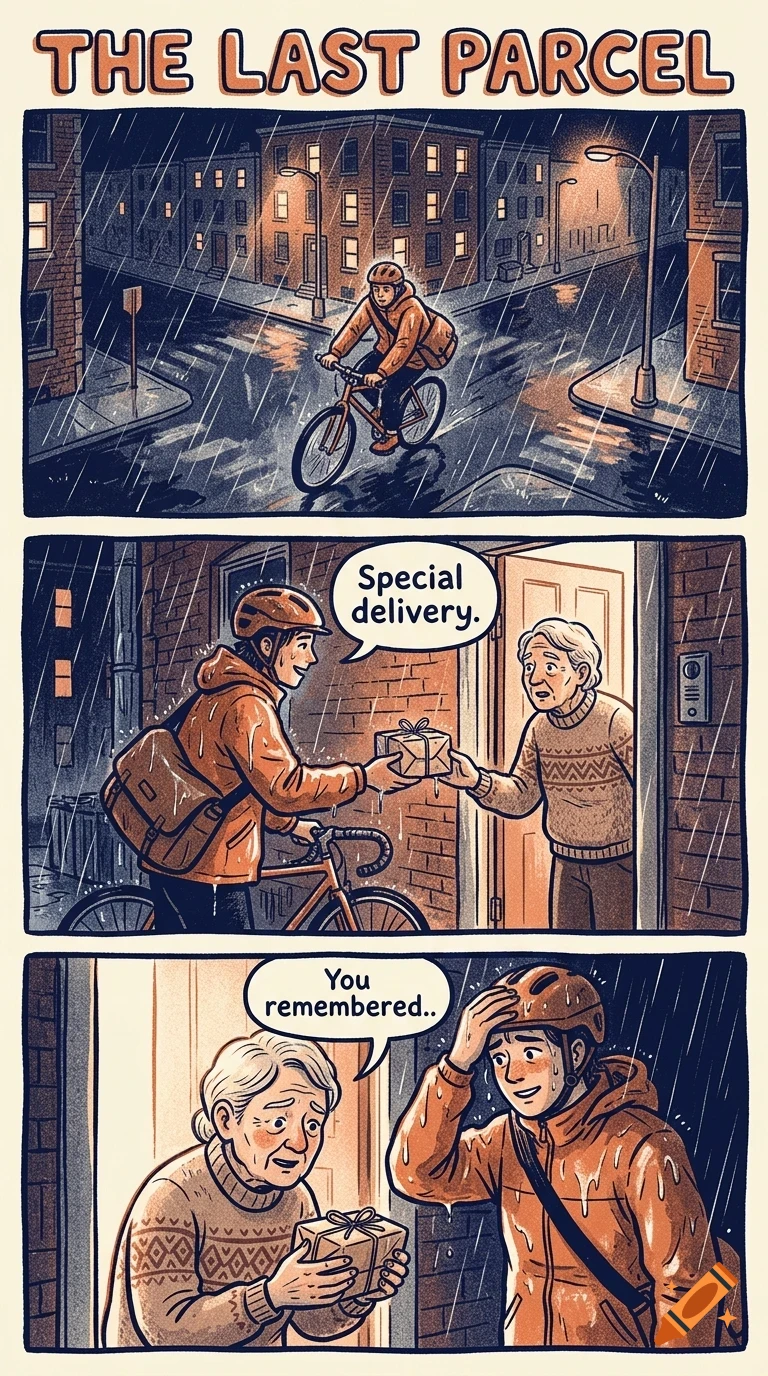 A three-panel comic strip titled The Last Parcel, showing a delivery cyclist riding through the rain at night to deliver a small package to an elderly person at their doorway.