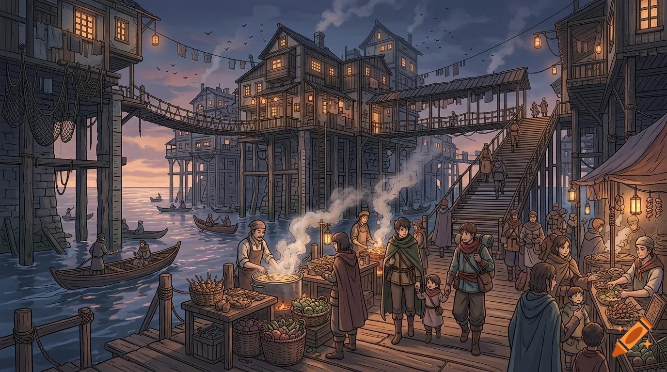 A bustling waterfront village on stilts at dusk with wooden docks, market stalls cooking food, small boats on the water, and people walking about.