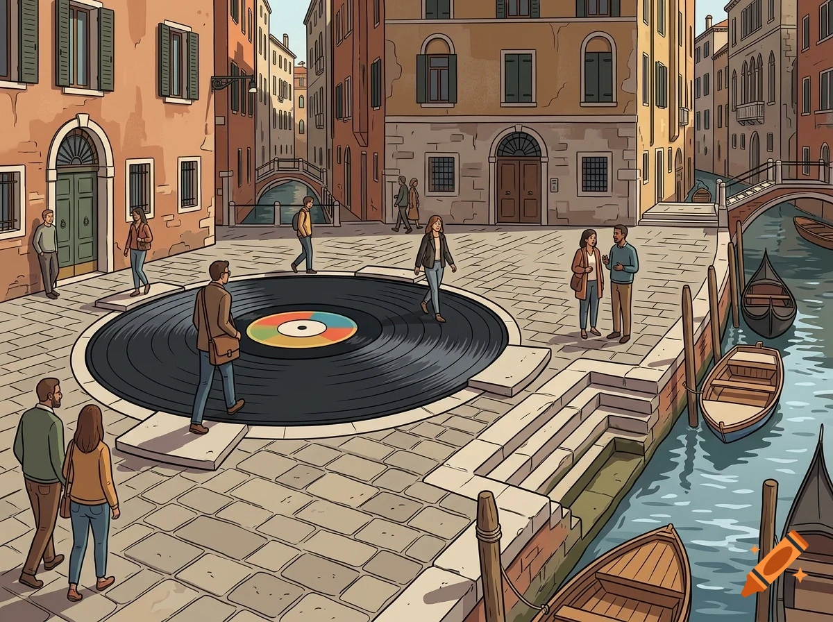 An illustrated Venetian square features a giant vinyl record embedded in the cobblestone pavement, surrounded by pedestrians and canals.